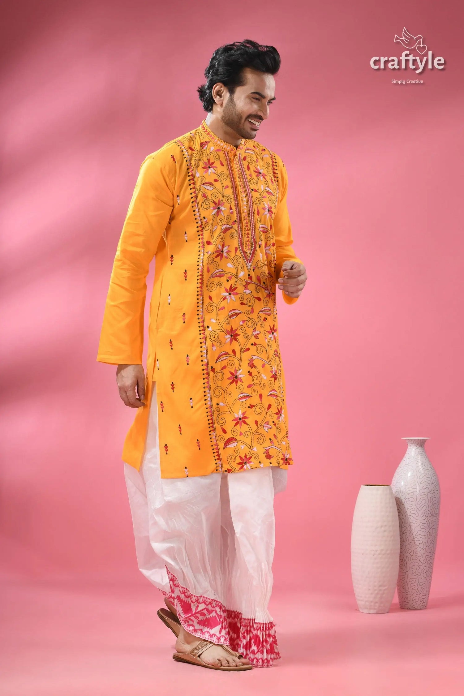 Marigold yellow kantha stitch cotton panjabi for men men’s yellow embroidered kurta white 6