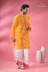 Marigold yellow kantha stitch cotton panjabi for men men’s yellow embroidered kurta white 6