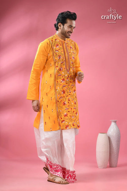 Marigold yellow kantha stitch cotton panjabi for men men’s yellow embroidered kurta white 6