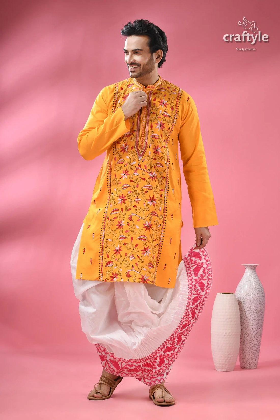 Marigold yellow kantha stitch cotton panjabi for men menās embroidered yellow kurta white 1