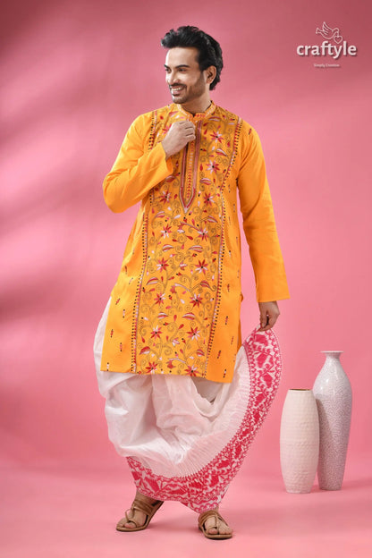 Marigold yellow kantha stitch cotton panjabi for men men’s embroidered yellow kurta white 1