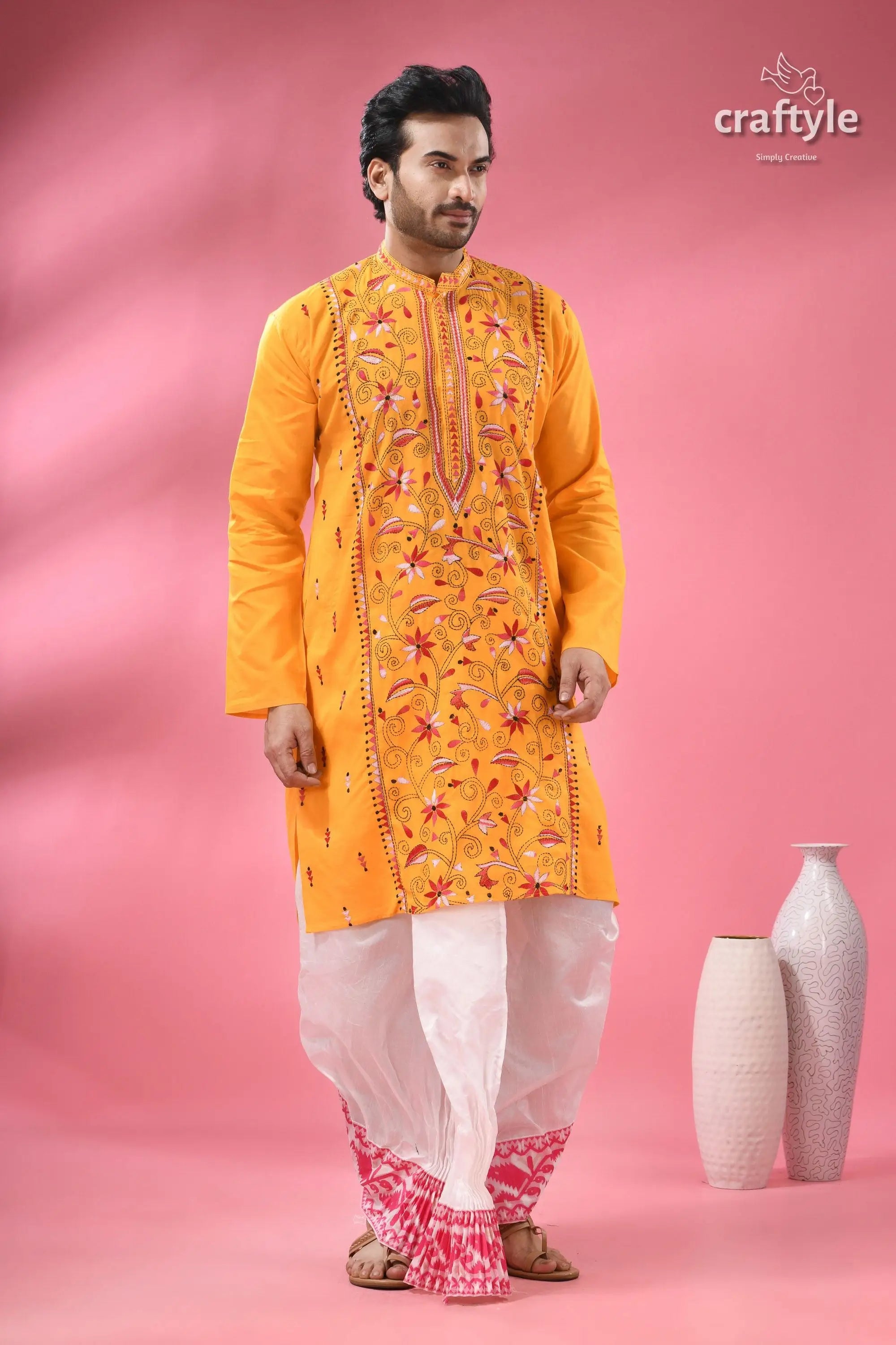 Marigold yellow kantha stitch cotton panjabi for men men’s yellow embroidered kurta white 4