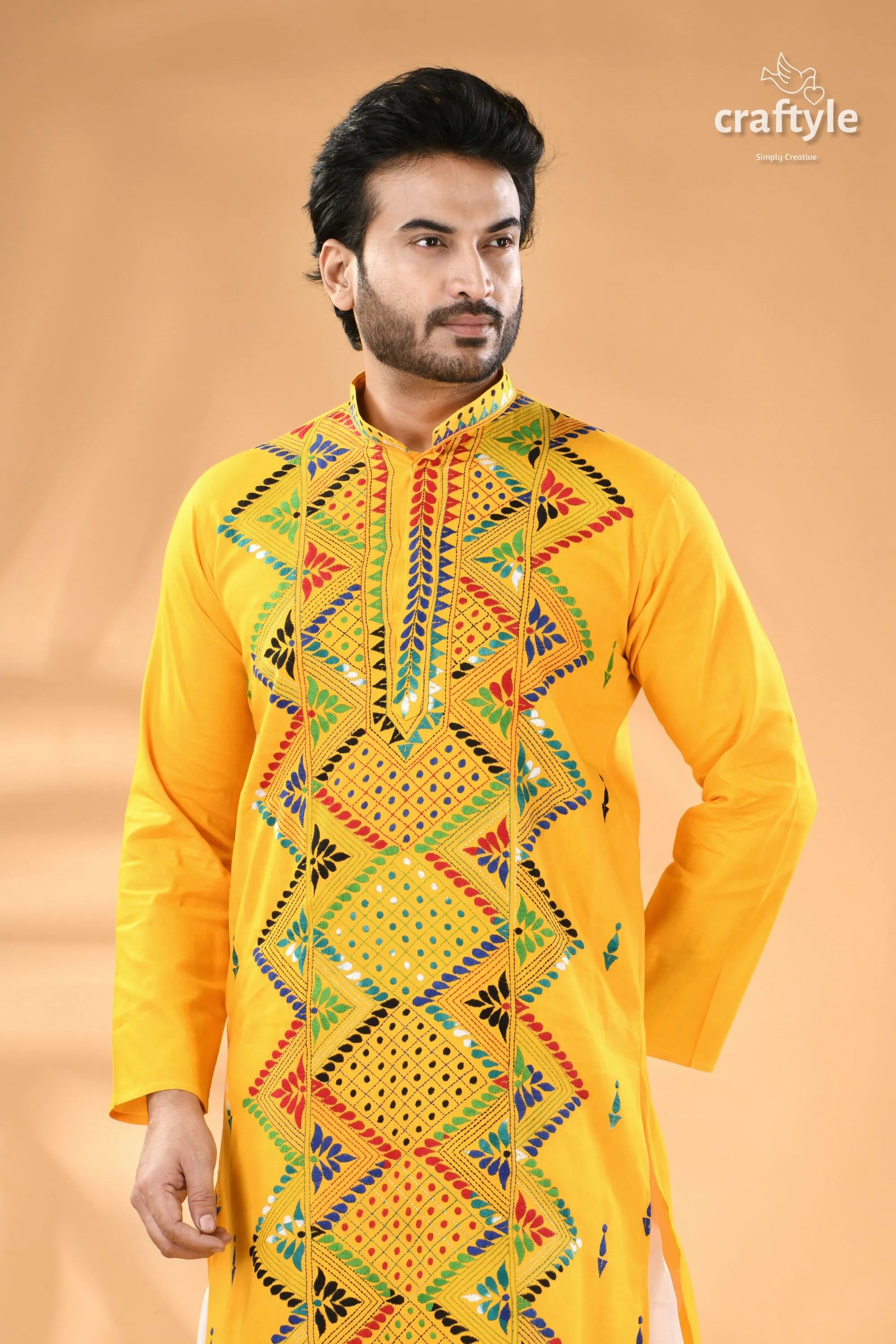 Marigold yellow multicolor kantha work cotton punjabi for men men’s embroidered kurta 2