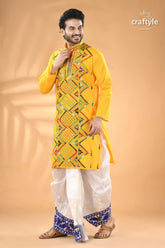 Marigold yellow multicolor kantha work cotton punjabi for men men’s embroidered kurta white 5