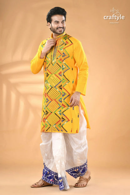 Marigold yellow multicolor kantha work cotton punjabi for men men’s embroidered kurta white 5