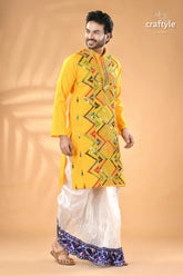 Marigold yellow multicolor kantha work cotton punjabi for men men’s embroidered kurta white 4