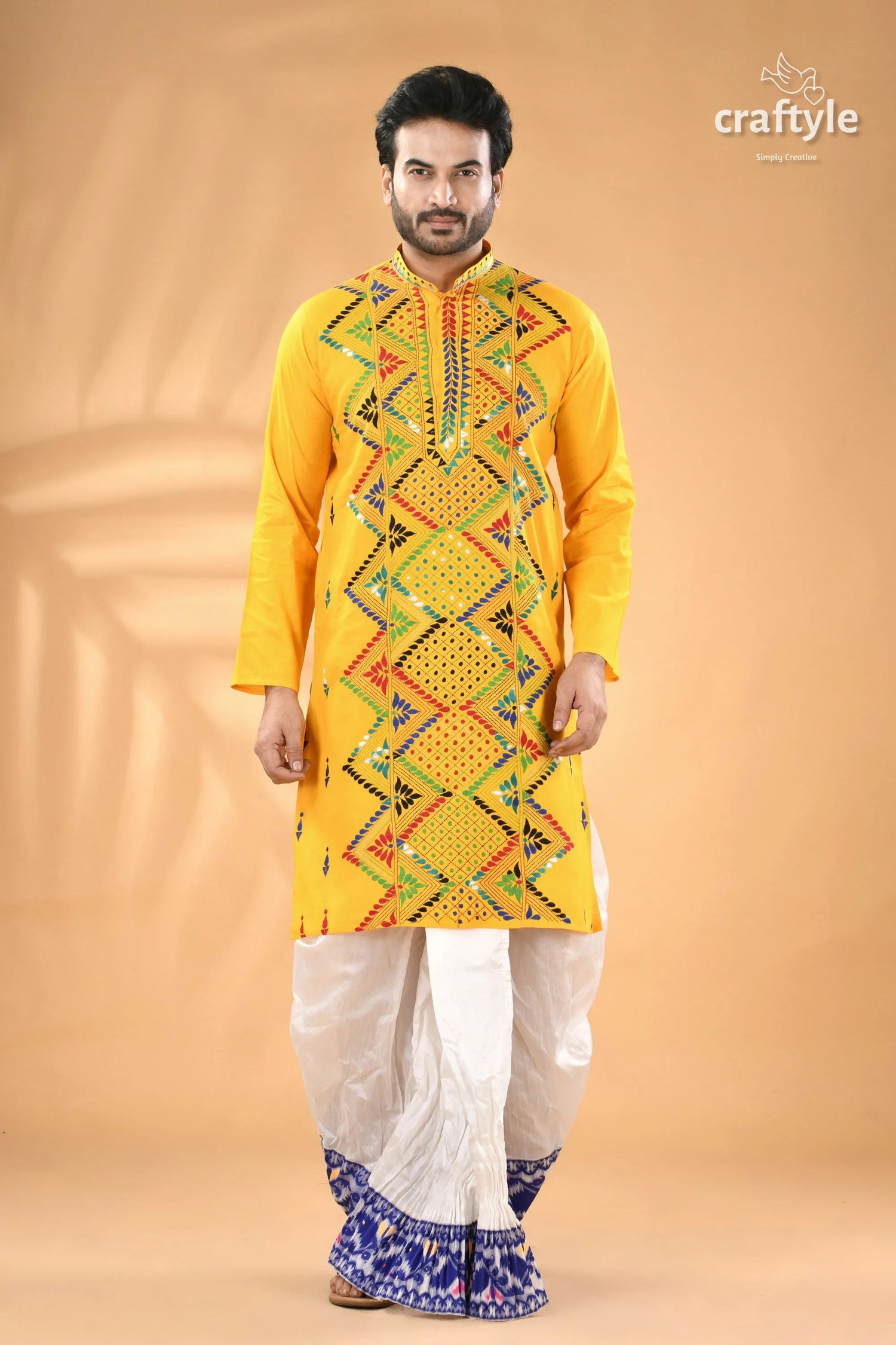 Marigold yellow multicolor kantha work cotton punjabi for men man kurta intricate geometric 1