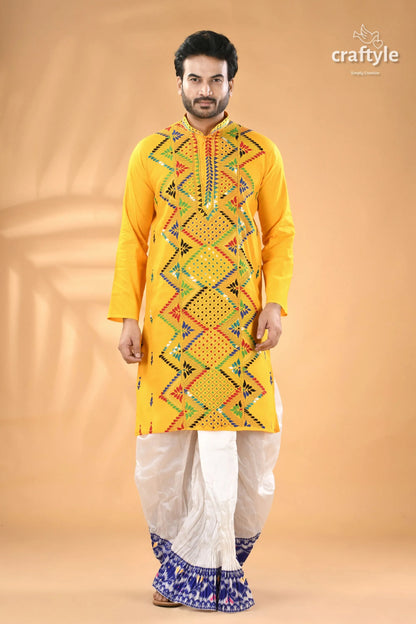 Marigold yellow multicolor kantha work cotton punjabi for men man kurta intricate geometric 1