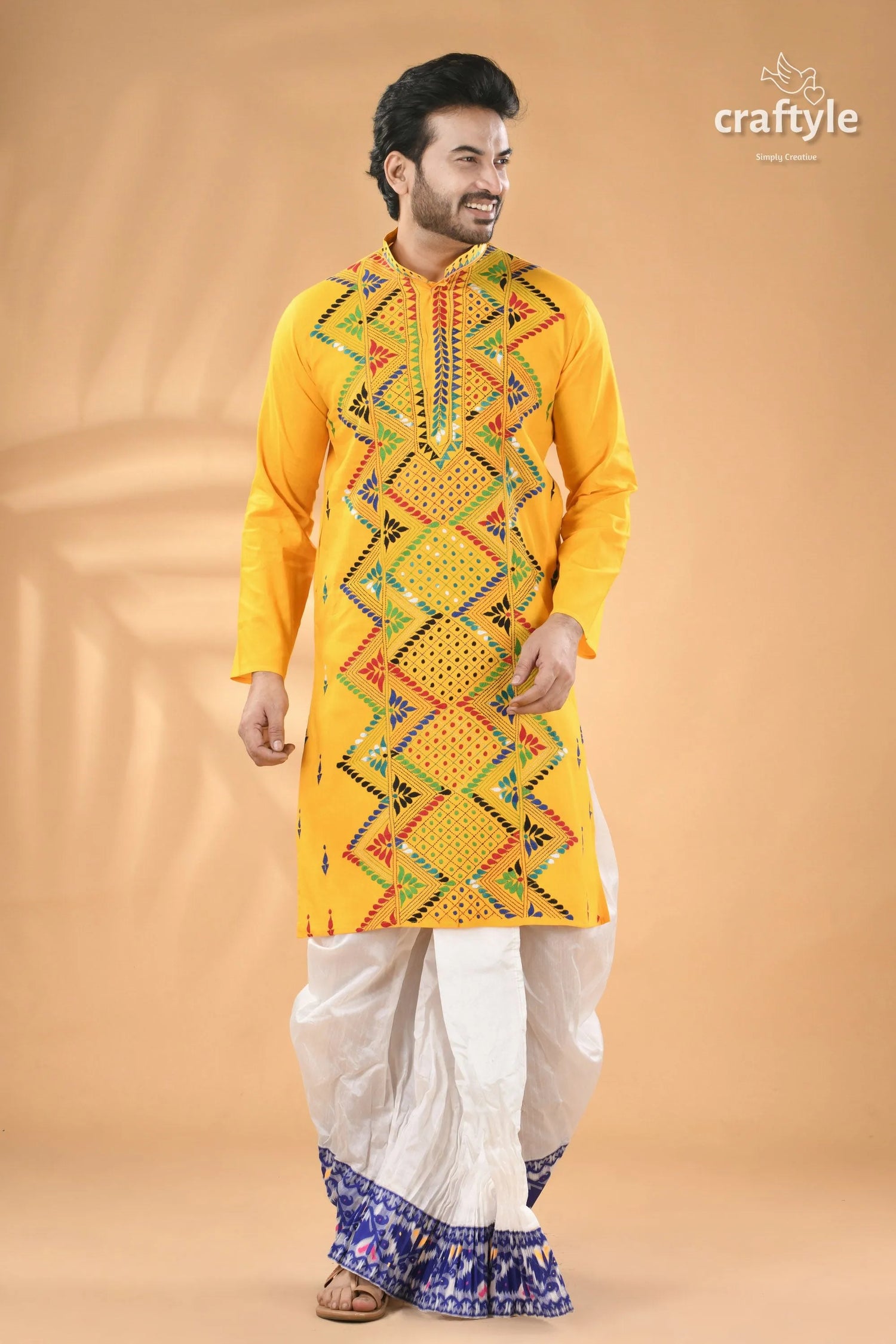 Marigold yellow multicolor kantha work cotton punjabi for men men’s embroidered kurta white 3