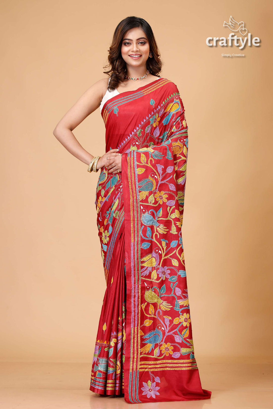 Maroon Bird Motif Multicolor Silk Kantha Stitch Saree - Craftyle