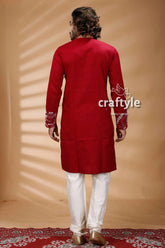 Maroon color kantha work ethnic cotton kurta panjabi for men red white pants 5