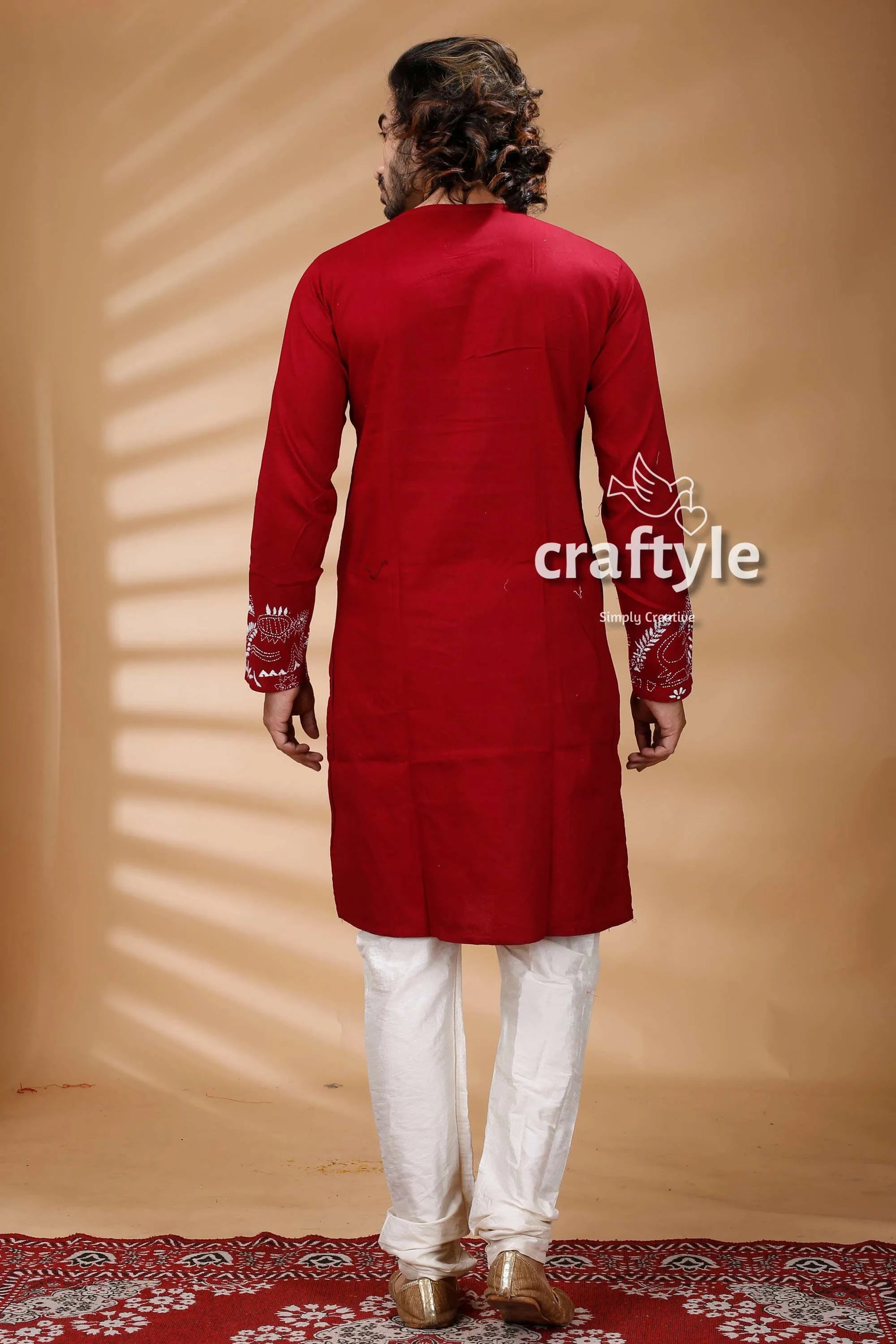 Maroon color kantha work ethnic cotton kurta panjabi for men red white pants 5