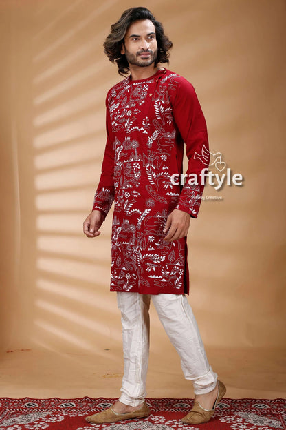Maroon color kantha work ethnic cotton kurta panjabi for men embroidered white pants 4