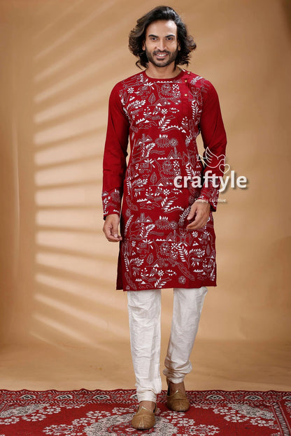 Maroon color kantha work ethnic cotton kurta panjabi for men embroidered pajama set 1