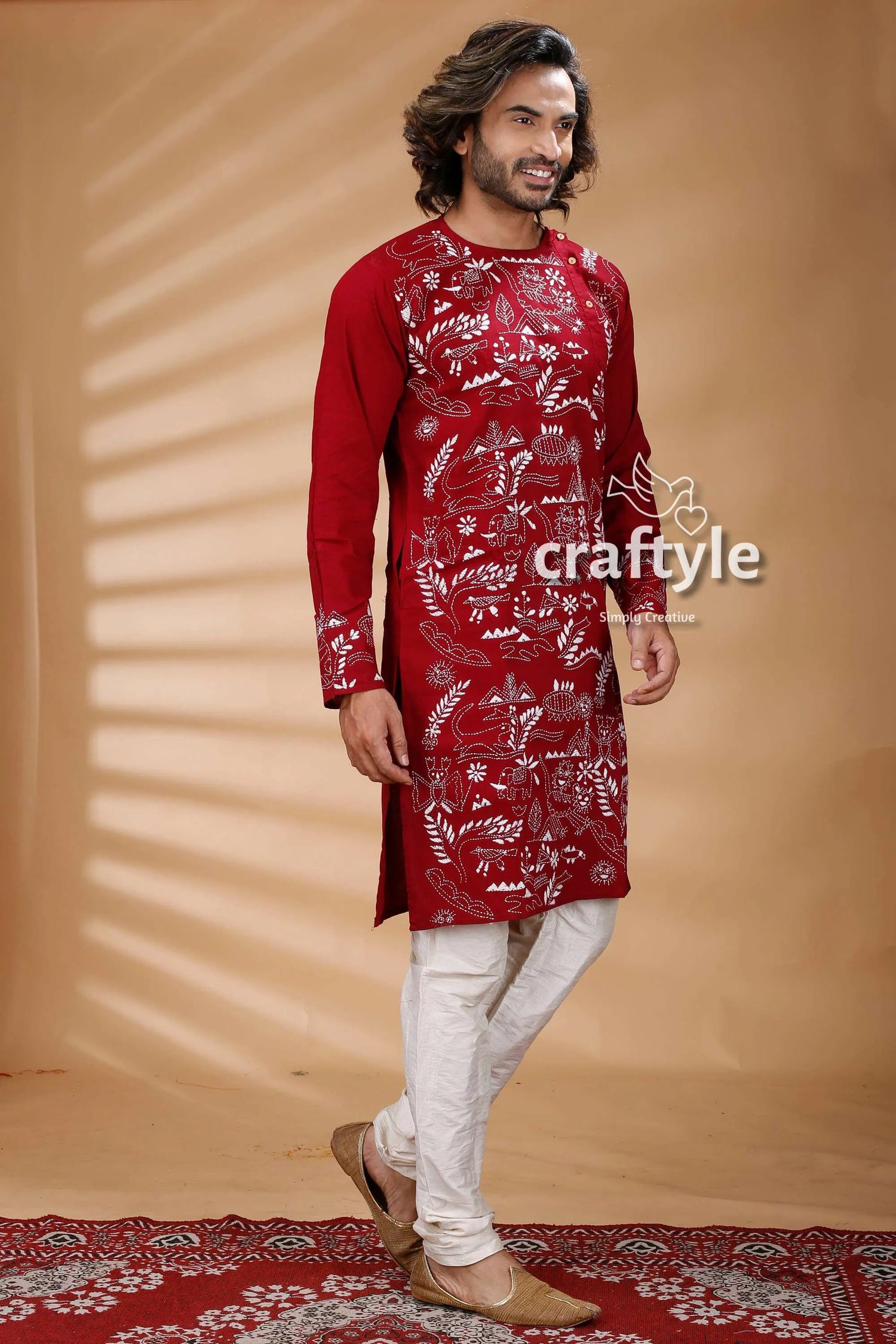 Maroon color kantha work ethnic cotton kurta panjabi for men embroidered white pants 3