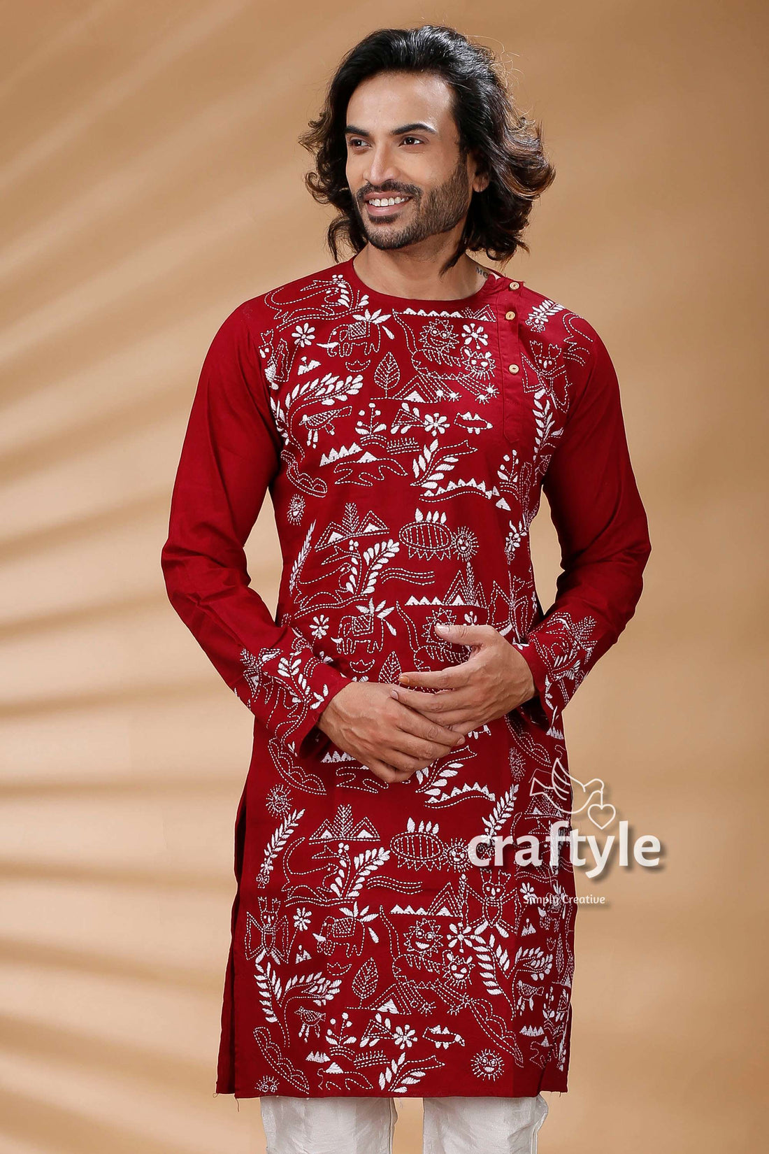 Maroon Color Kantha Work Ethnic Cotton Kurta Panjabi for Men - Craftyle