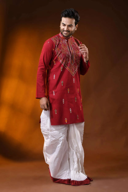 Maroon floral kantha stitch pure cotton kurta for men - reverse 3