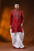 Maroon floral kantha stitch pure cotton kurta for men - reverse 1