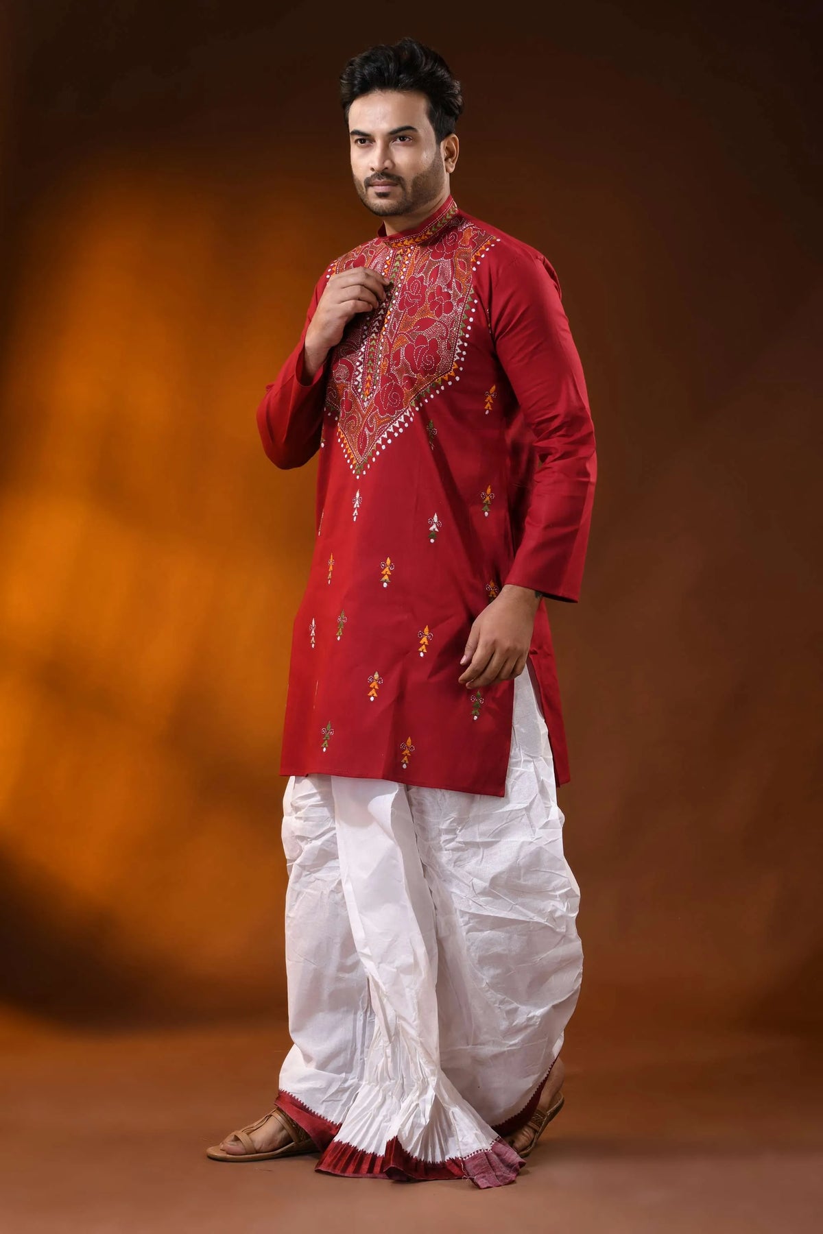 Maroon floral kantha stitch pure cotton kurta for men - reverse 4