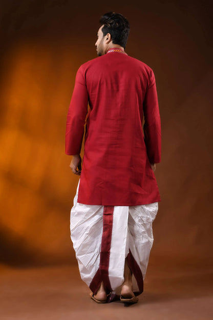 Maroon floral kantha stitch pure cotton kurta for men - reverse 5