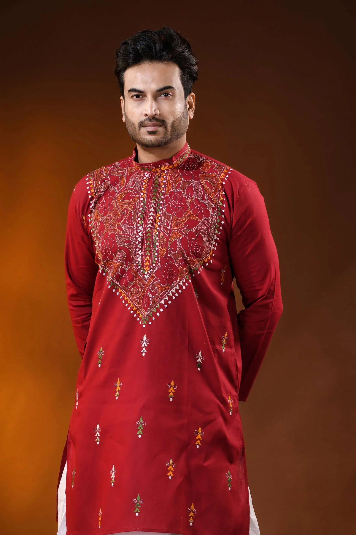 Maroon floral kantha stitch pure cotton kurta for men - reverse 2