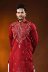 Maroon floral kantha stitch pure cotton kurta for men - reverse 2
