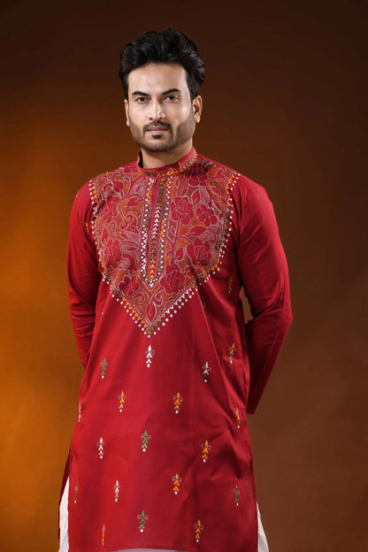 Maroon floral kantha stitch pure cotton kurta for men - reverse 2
