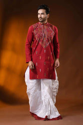 Maroon floral kantha stitch pure cotton kurta for men - reverse 6