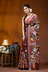 Maroon floral motif multicolor handcrafted kantha silk saree woman wears maroon silk saree 3