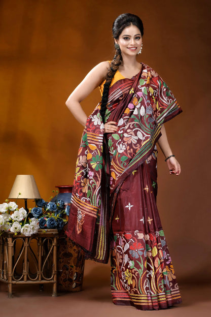 Maroon floral motif multicolor handcrafted kantha silk saree maroon silk saree adorned intricate 5