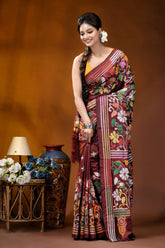Maroon floral motif multicolor handcrafted kantha silk saree woman wears maroon silk saree 6