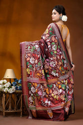 Maroon floral motif multicolor handcrafted kantha silk saree maroon banarasi saree intricate floral 4