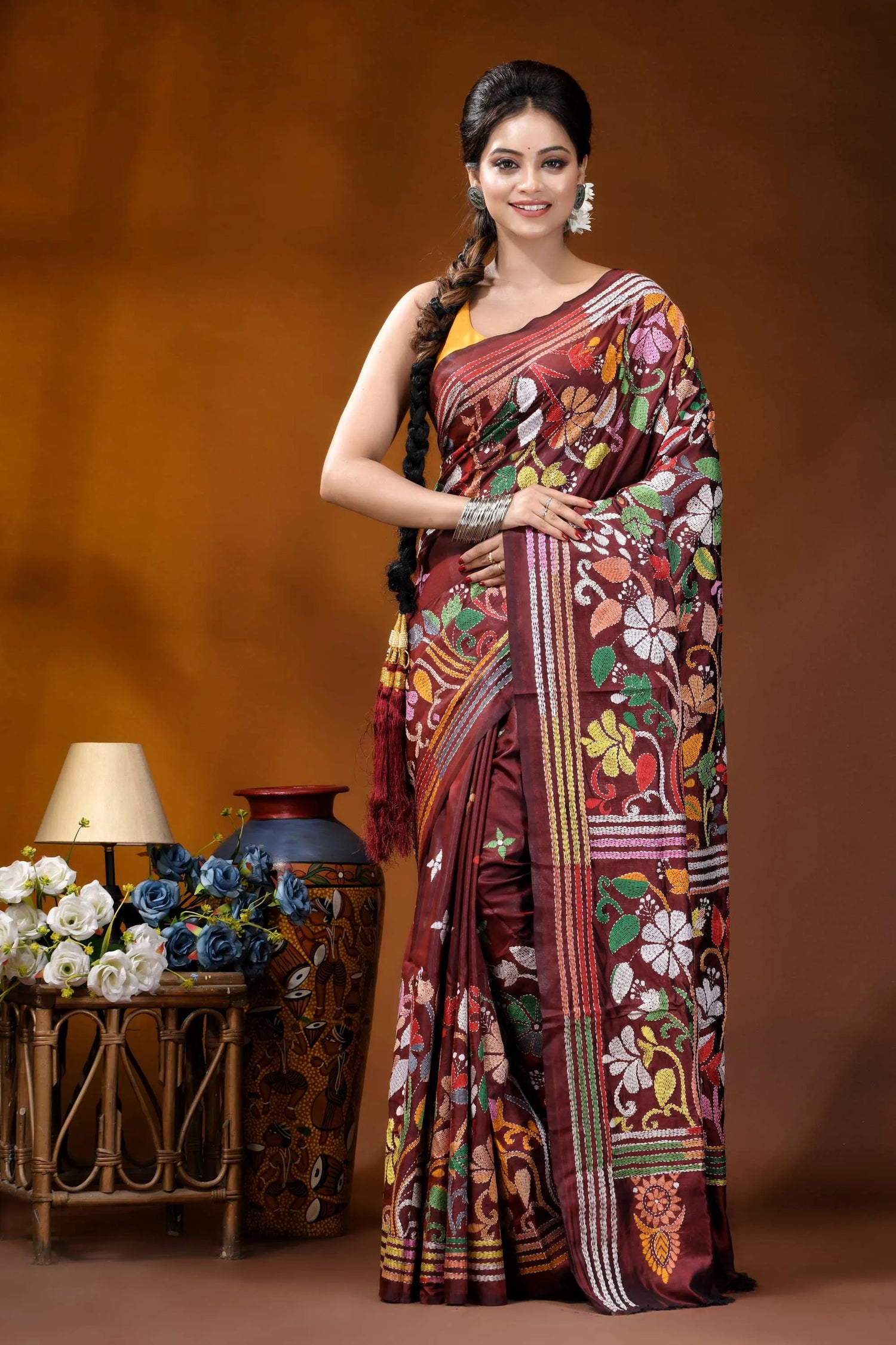 Maroon floral motif multicolor handcrafted kantha silk saree maroon silk saree adorned intricate 1