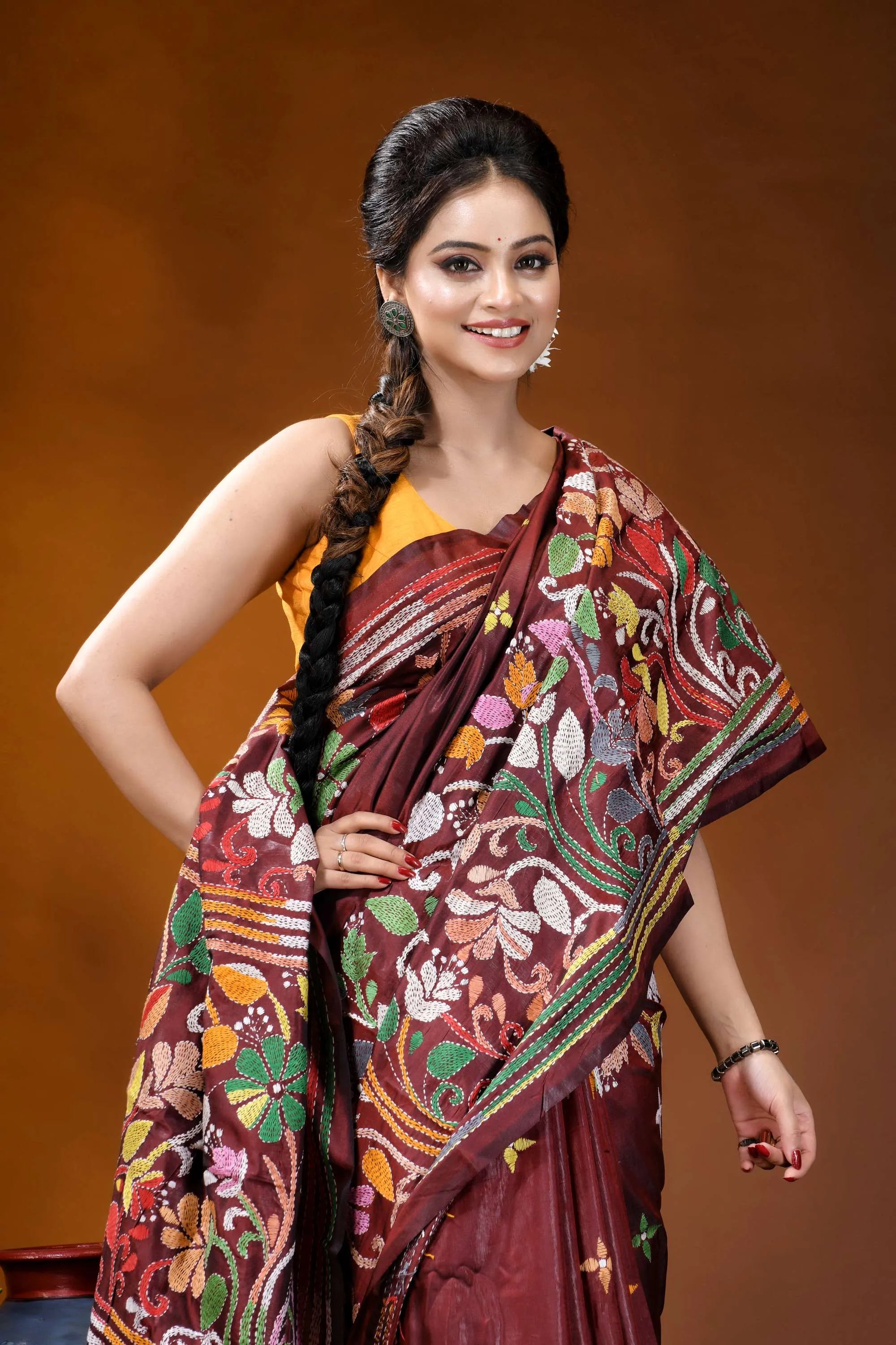 Maroon floral motif multicolor handcrafted kantha silk saree maroon silk saree intricate floral 2