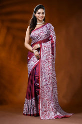 Maroon handcrafted silk kantha saree with lotus floral motif 1
