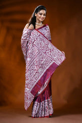 Maroon handcrafted silk kantha saree with lotus floral motif 4