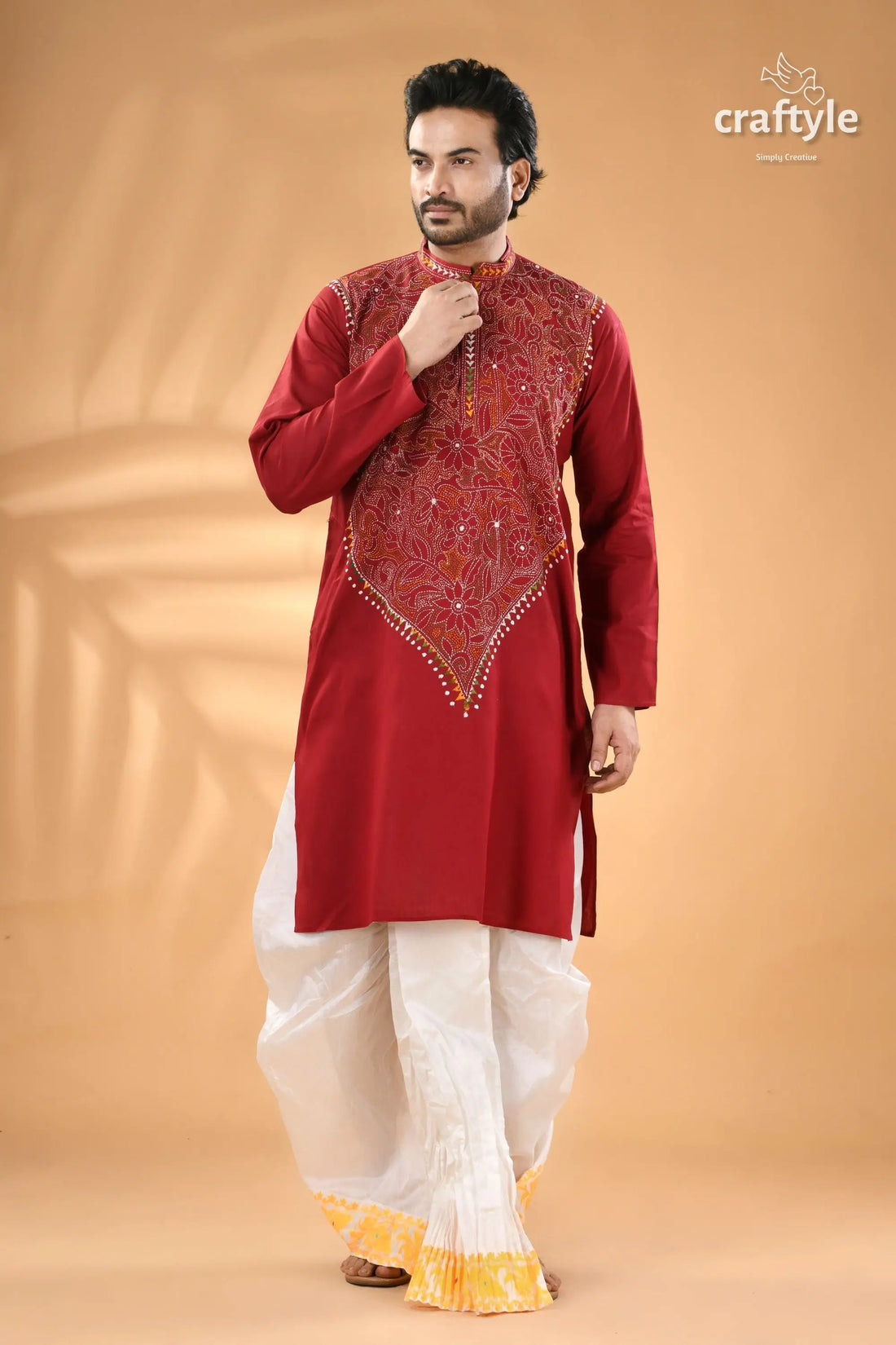 Maroon kantha work mens cotton ethnic punjabi reverse stitch men’s red embroidered kurta white 1