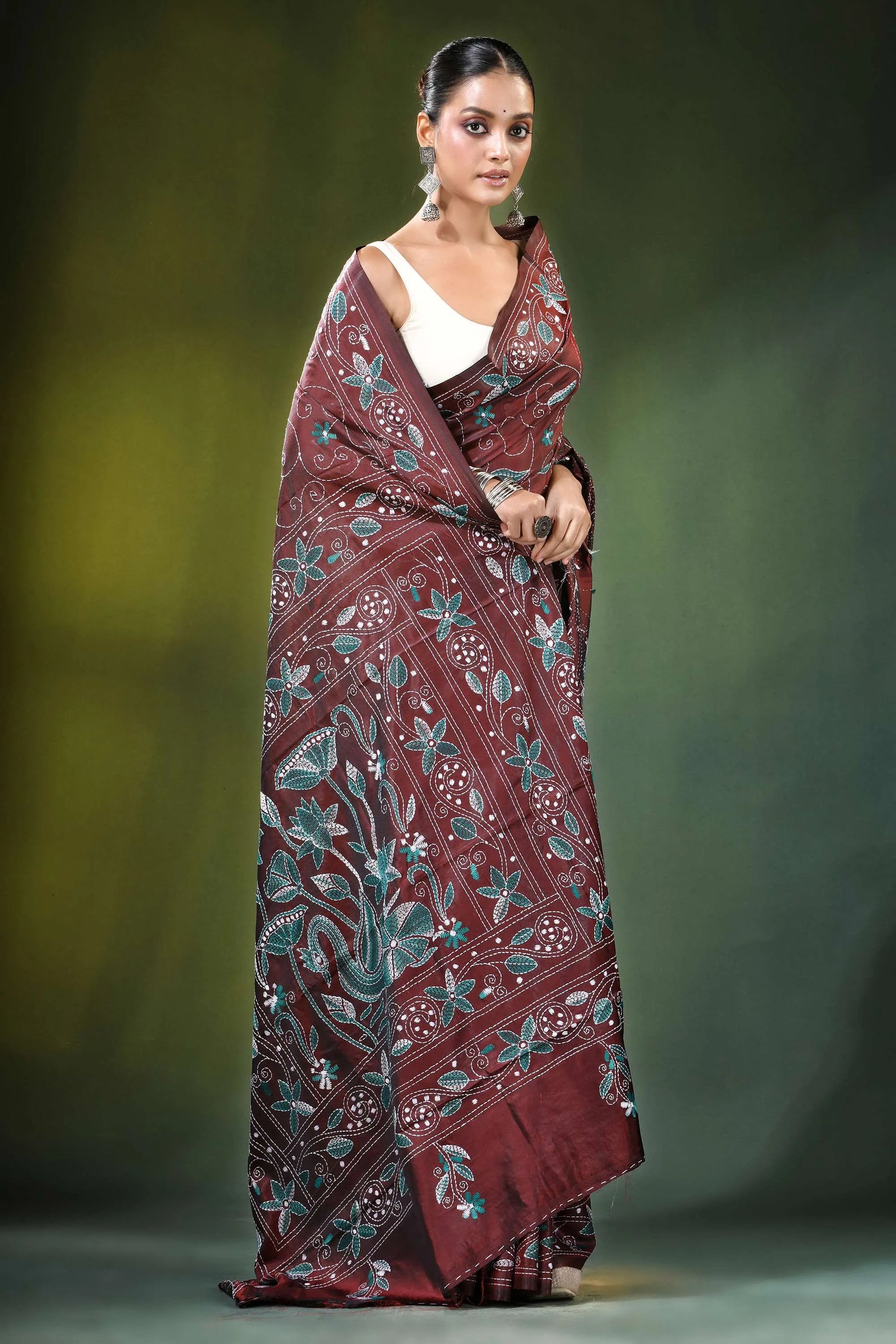 Maroon nature theme handcrafted kantha stitch silk saree banarasi intricate teal 4