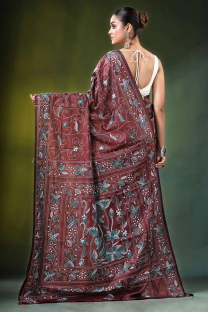 Maroon nature theme handcrafted kantha stitch silk saree adorned intricate 5