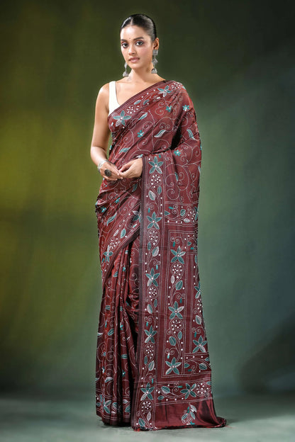 Maroon nature theme handcrafted kantha stitch silk saree adorned intricate 1