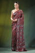 Maroon nature theme handcrafted kantha stitch silk saree adorned intricate 1
