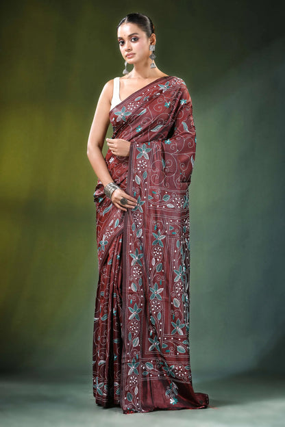 Maroon nature theme handcrafted kantha stitch silk saree adorned intricate 6