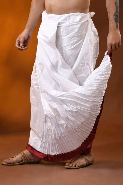 Maroon temple border mayur puchha pure cotton dhoti - ready to wear 2