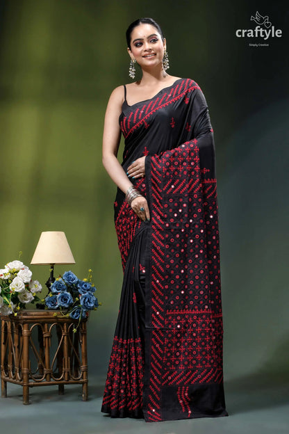 Maroon thread kutch embroidered silk saree in black - mirror work black saree intricate red embroidery 7
