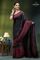 Maroon thread kutch embroidered silk saree in black - mirror work black silk saree intricate red 5