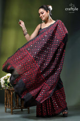 Maroon thread kutch embroidered silk saree in black - mirror work black red embroidered saree sequin 4