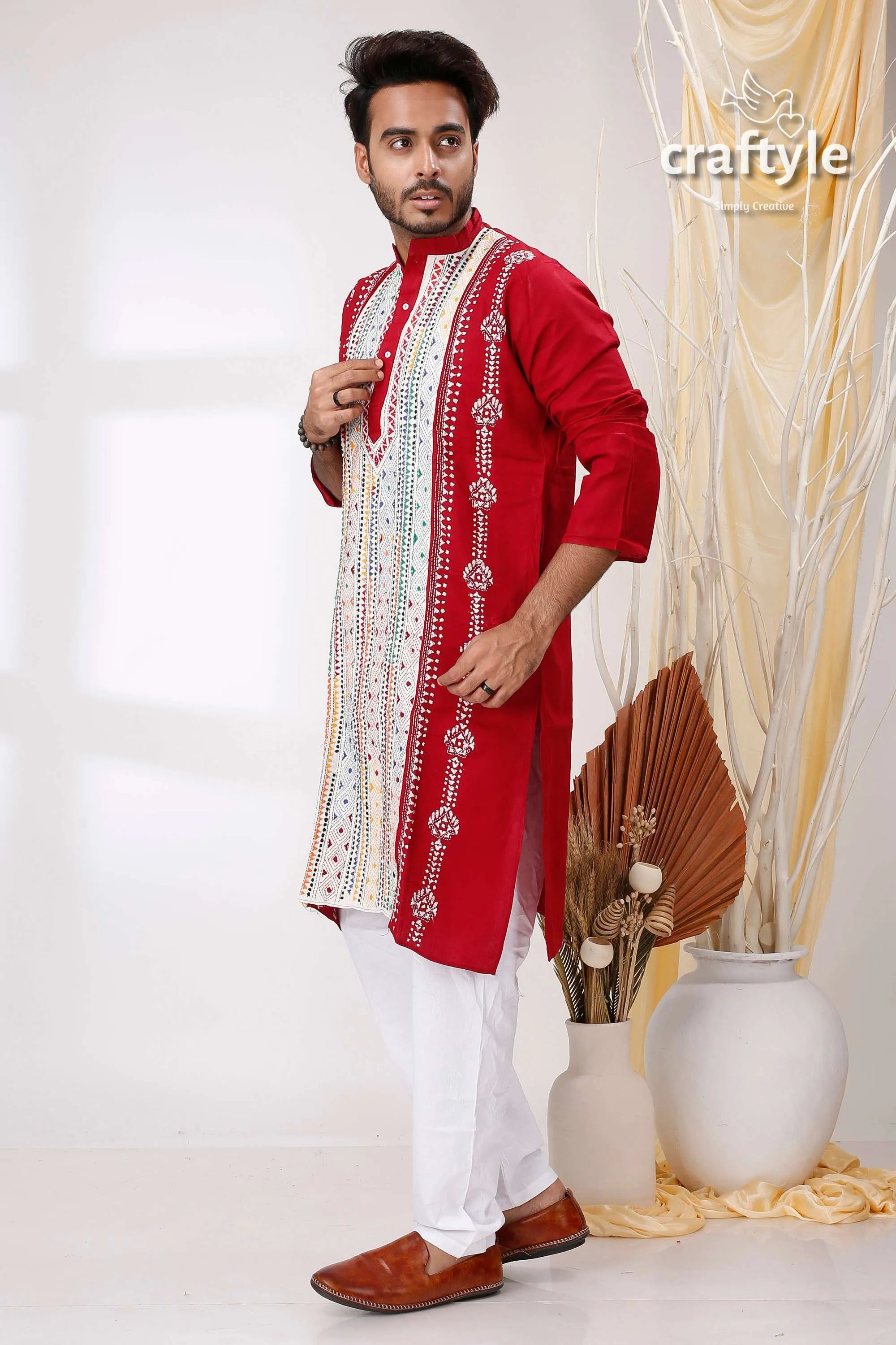 Maroon white multithread work hand embroidered kantha stitch mens kurta red intricate 3