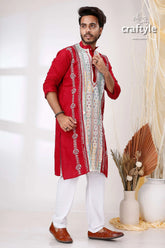 Maroon white multithread work hand embroidered kantha stitch mens kurta red intricate 4