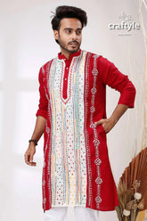 Maroon white multithread work hand embroidered kantha stitch mens kurta red intricate 2