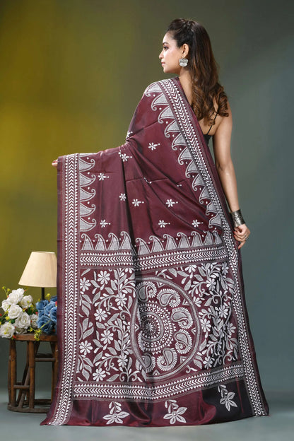 Maroon white thread handcrafted paisley silk kantha saree maroon silk saree intricate white 5
